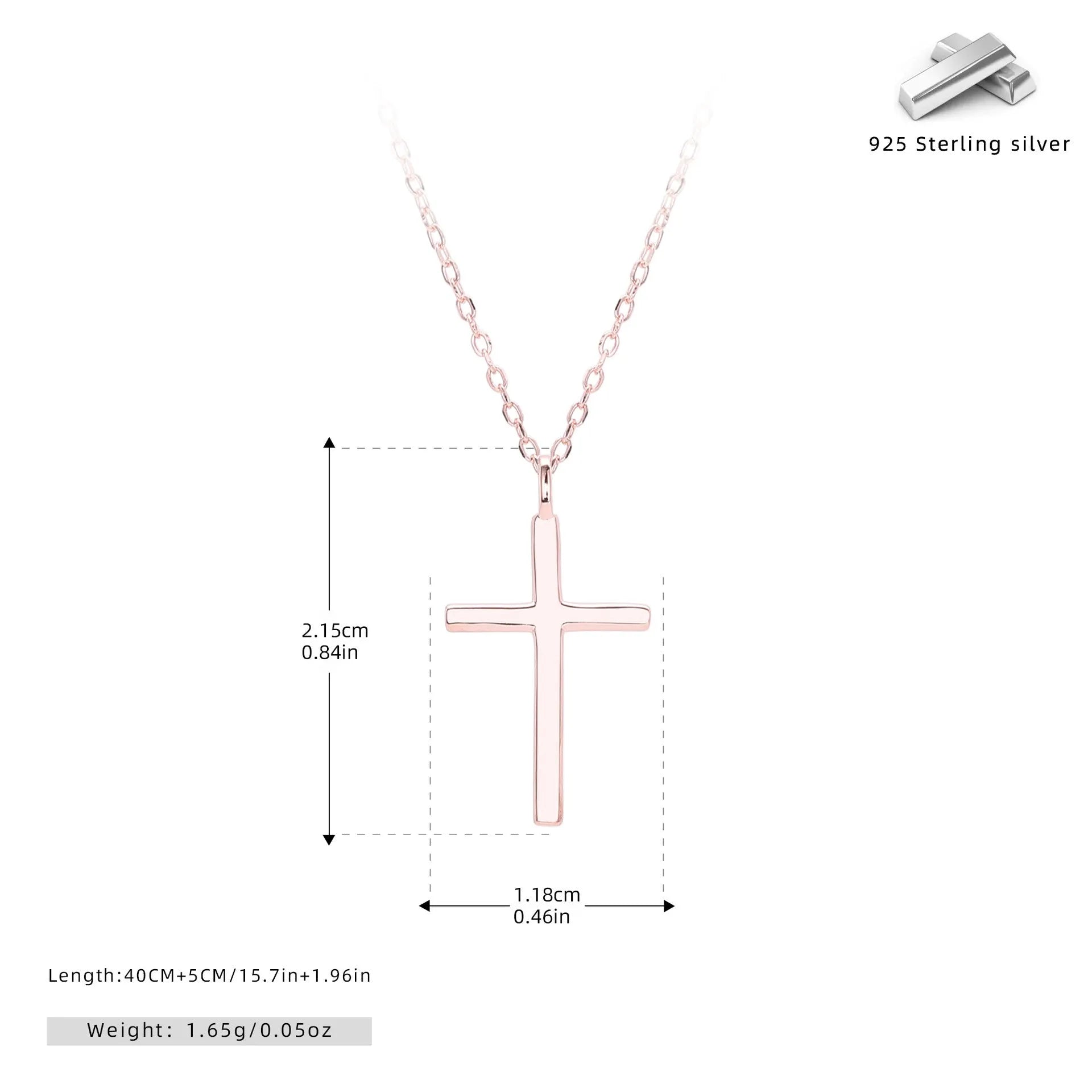 Simple glossy cross pendant on a sterling silver O-chain necklace, shown in gold, platinum, and rose gold finishes.