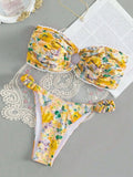 Floral print tube top and lace briefs bikini set in polyester fabric for swimming