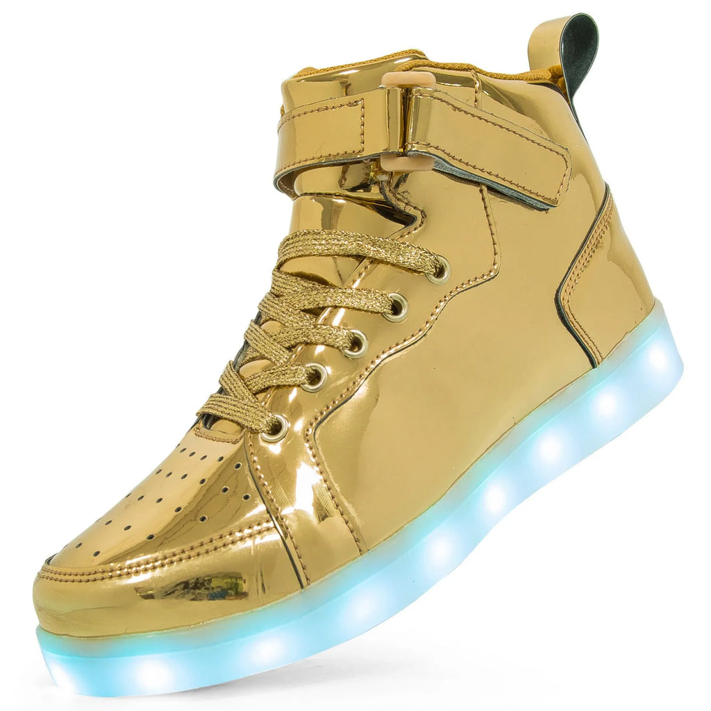 Black LED high-top dance shoes with light-up soles and Velcro strap.