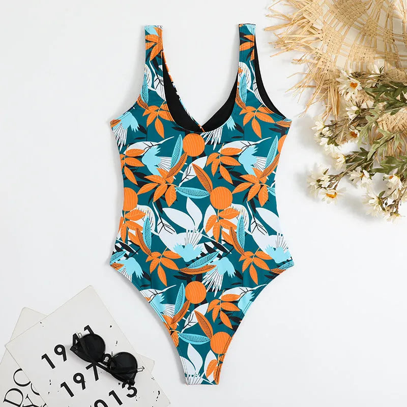 Women's high-waist one-piece bikini swimsuit in printed polyester fabric