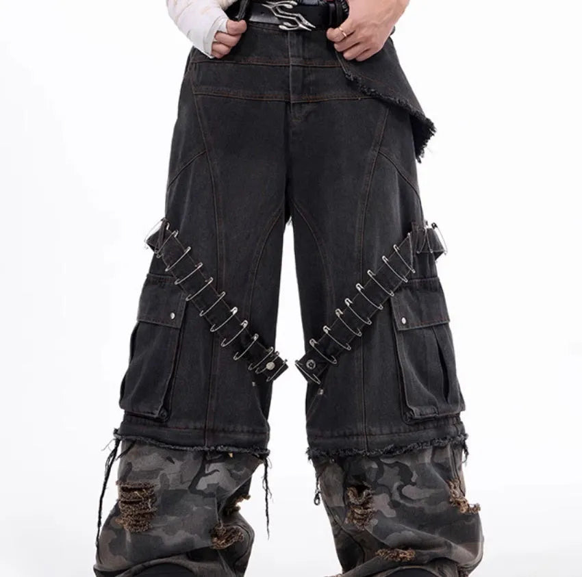 Men's grey camouflage jeans showing pin and ribbon splicing detail on the leg.