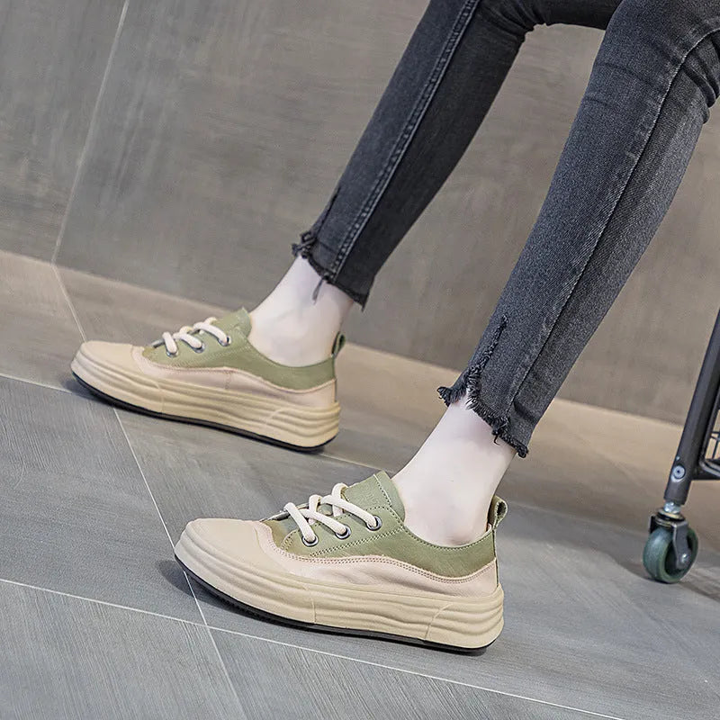 Women's genuine cowhide leather platform sneakers in matcha green, purple, and orange colours with lace-up front