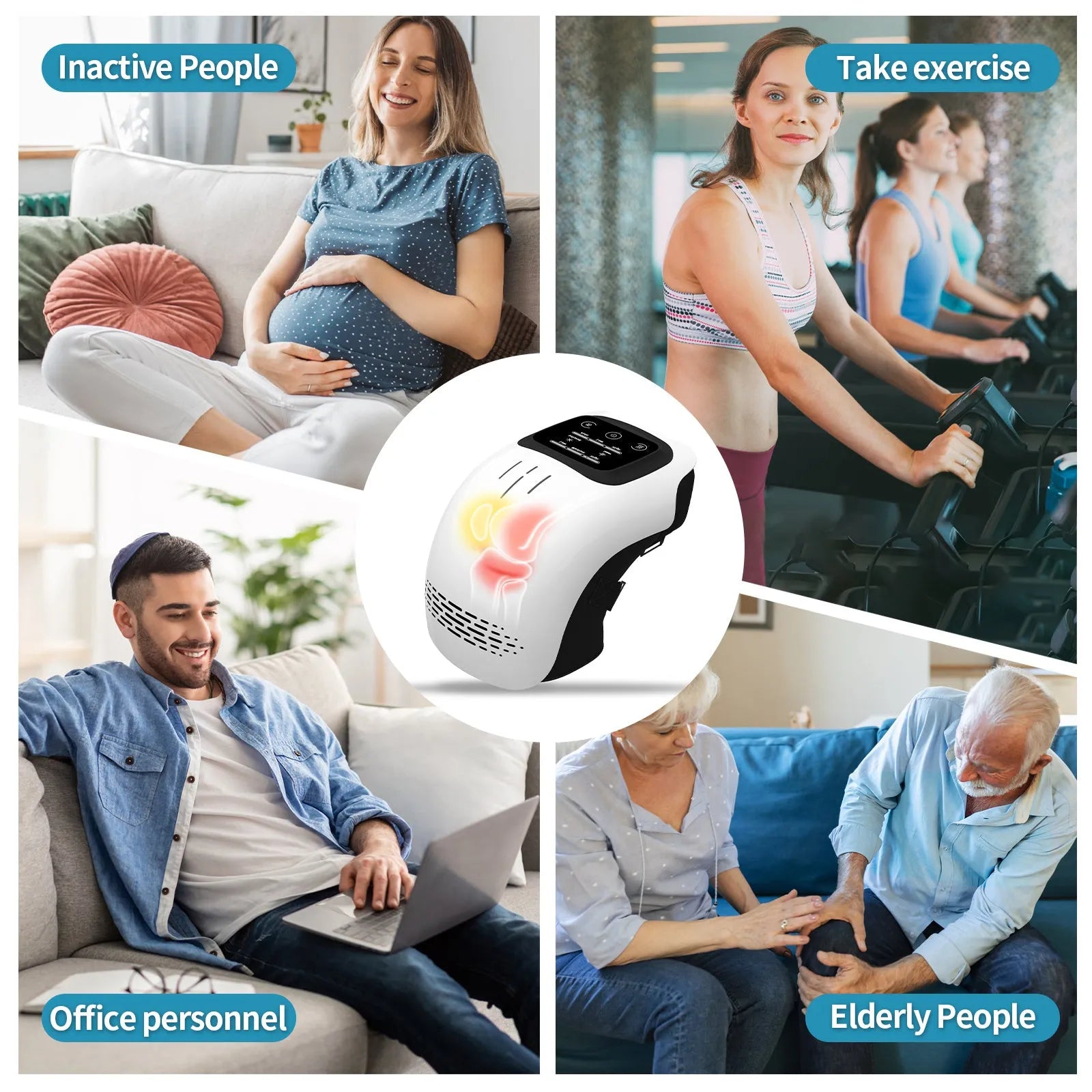 White electric knee massager unit showing controls, padding, and USB charging port.