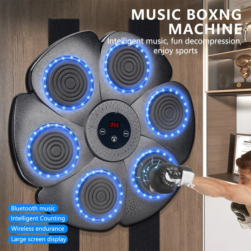 Black smart boxing wall target with LED lights and Bluetooth, includes half-finger boxing gloves