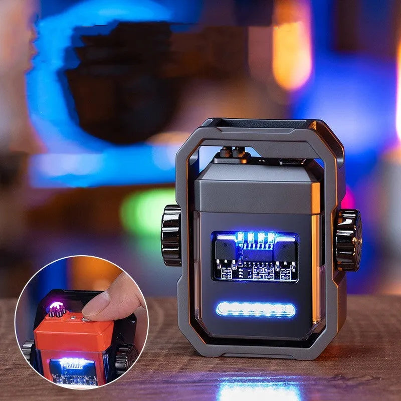 Blue double arc electric lighter with mechanical gyroscope decompression feature and Type-C charging port