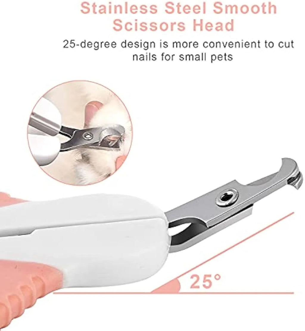 Grey and pink angled cat nail clippers with safety lock and rubber-coated handle