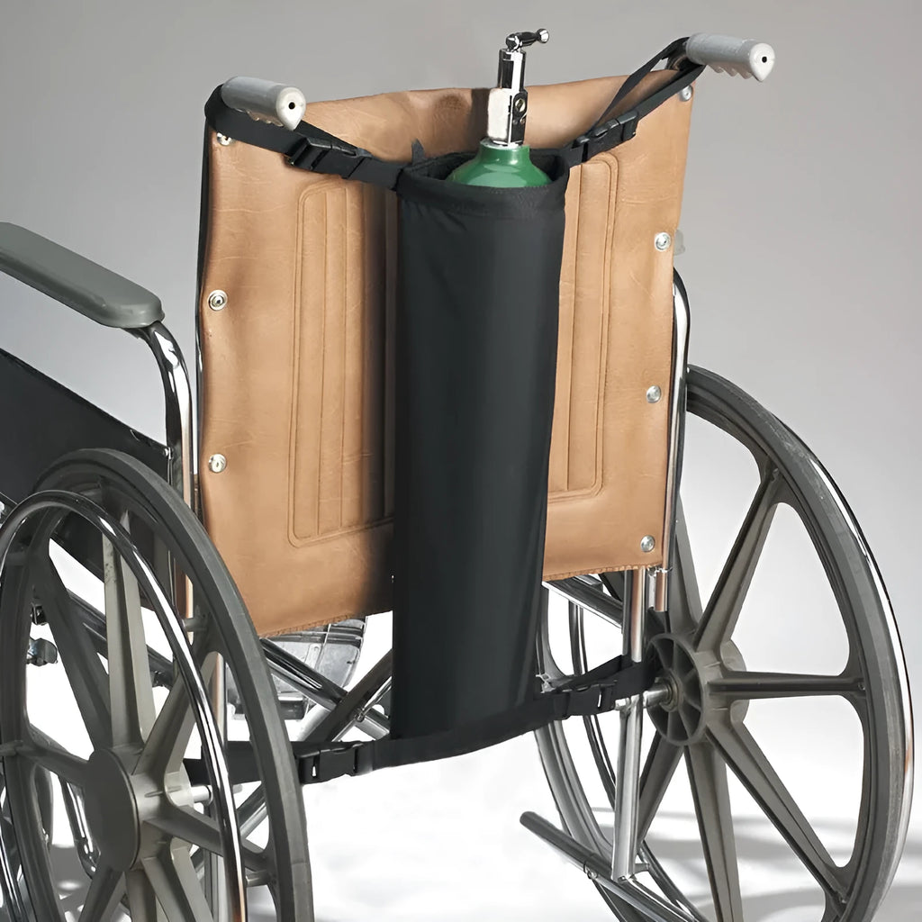 Black cylindrical wheelchair pannier bag for oxygen cylinders made from 600D Oxford cloth.