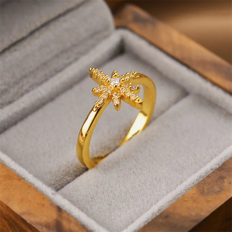 Korean fashion women's open geometric ring in electroplated gold colour on a plain background.