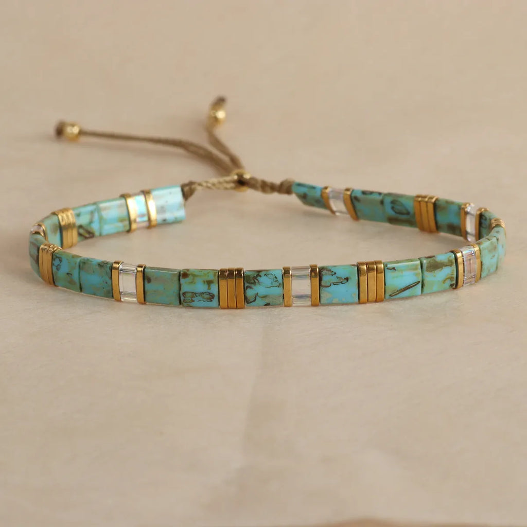 Geometric glass and coloured glaze beaded bracelet in five colour options