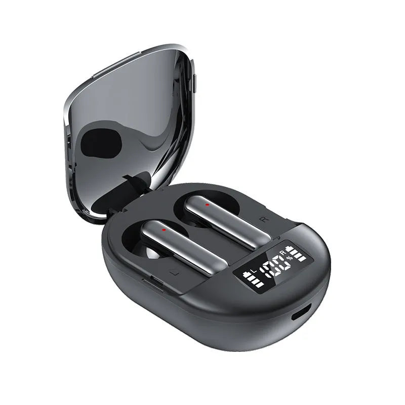 Black and white wireless Bluetooth in-ear headphones with a charging case on display.