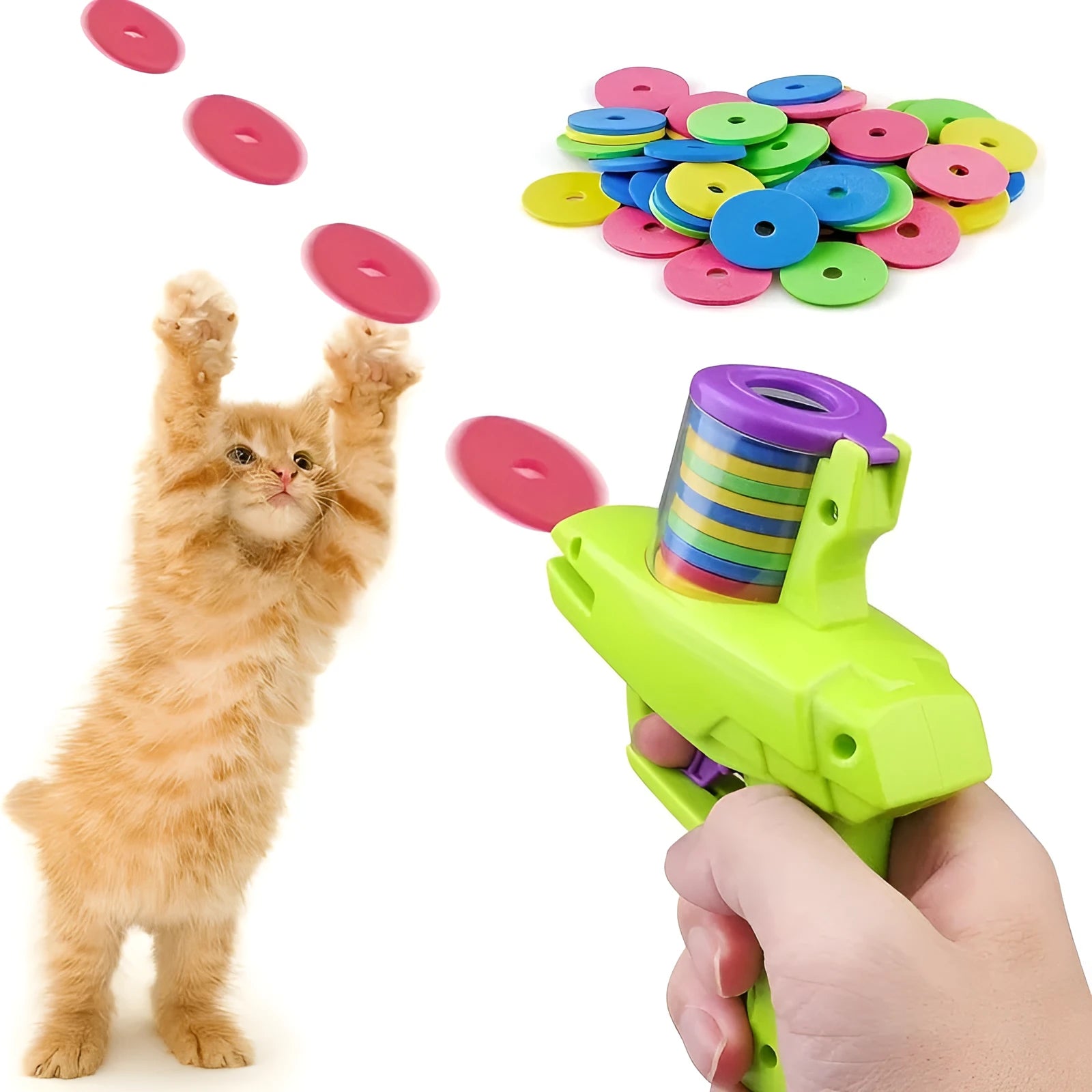 Manual cat toy launcher with foam discs in green and purple colour options for indoor feline play