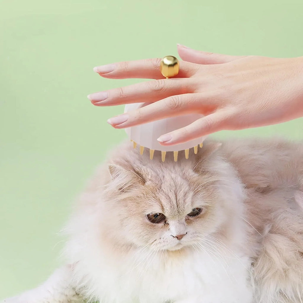 Green silicone double-sided pet bath massage brush with soft bristles on a bathroom counter.