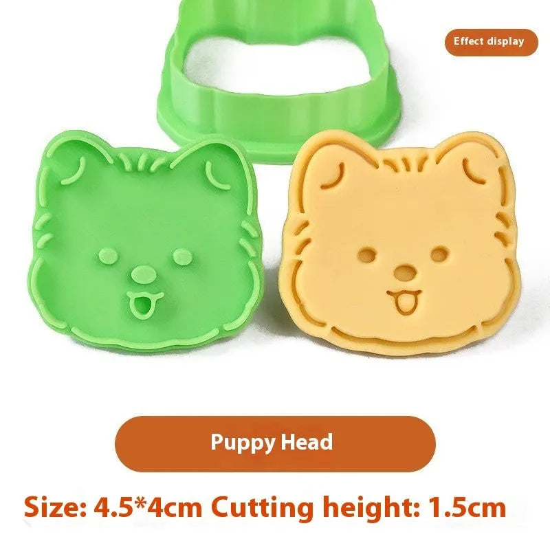 Three-dimensional plastic biscuit mould with dog-themed cartoon designs
