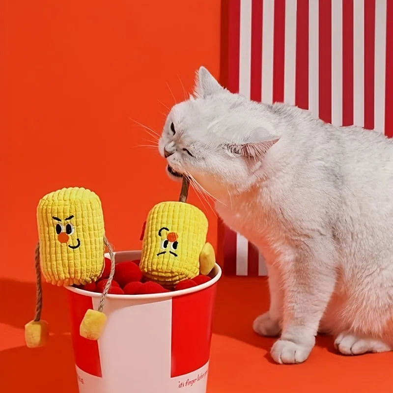 Natural corn cob cat toy with catnip filling for dental cleaning, measuring 7x6x15cm