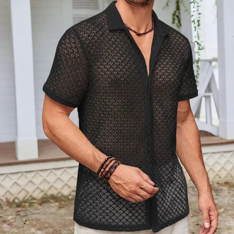 Men's short sleeve lapel shirt in mesh fabric available in milky white, white, and black colours