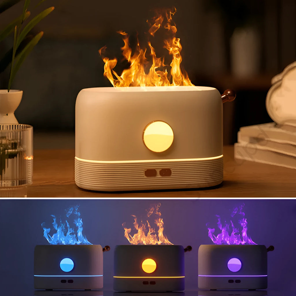Black USB-powered desktop humidifier with glowing orange flame effect and water vapour mist.