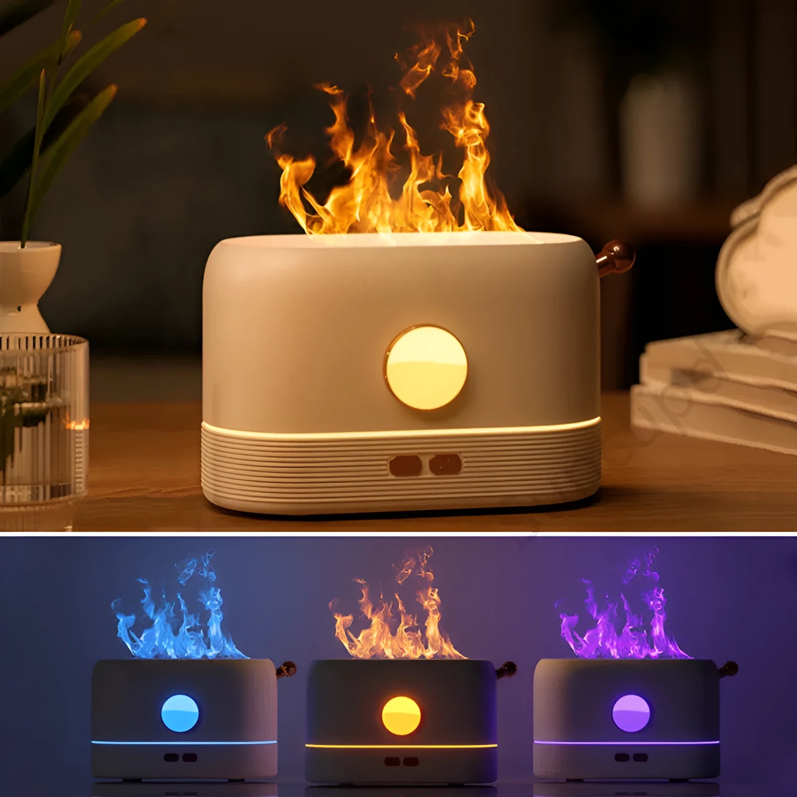 Black USB-powered desktop humidifier with glowing orange flame effect and water vapour mist.
