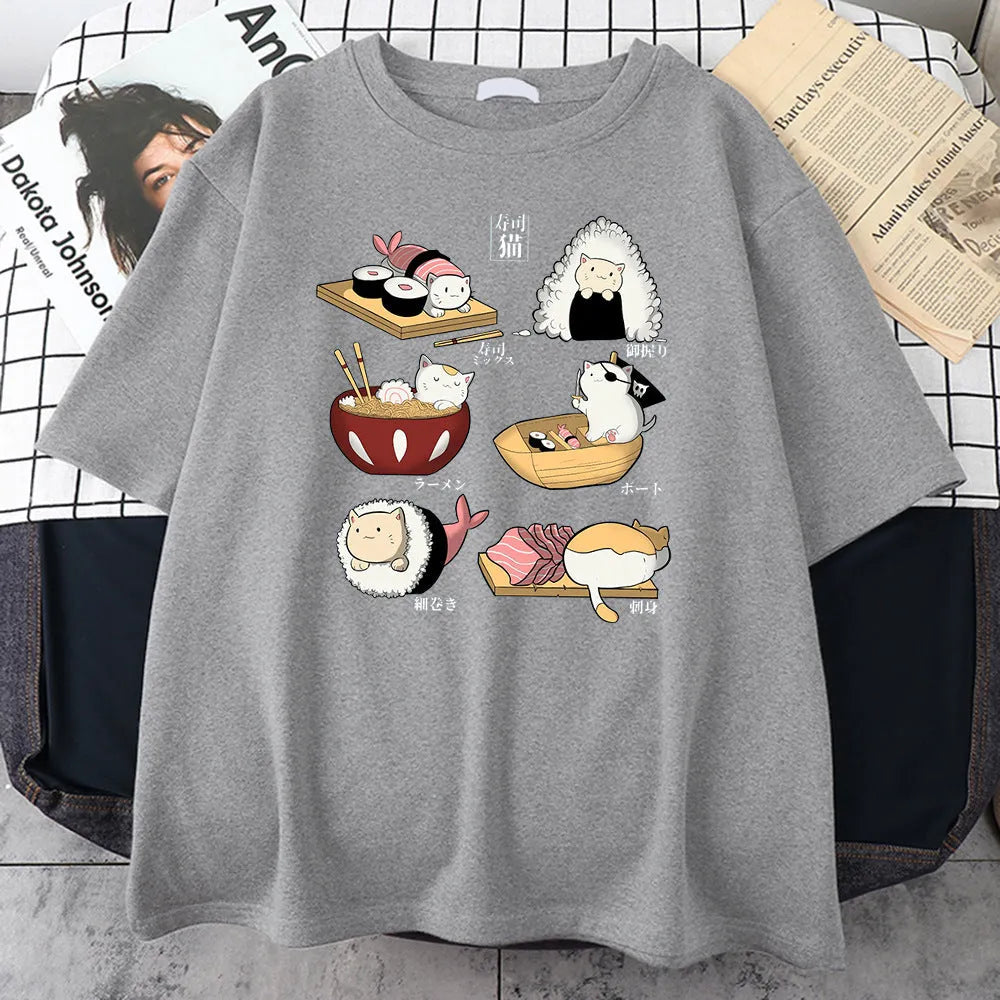 Men's black cotton T-shirt with colourful cat sushi cartoon design, showing front graphic detail