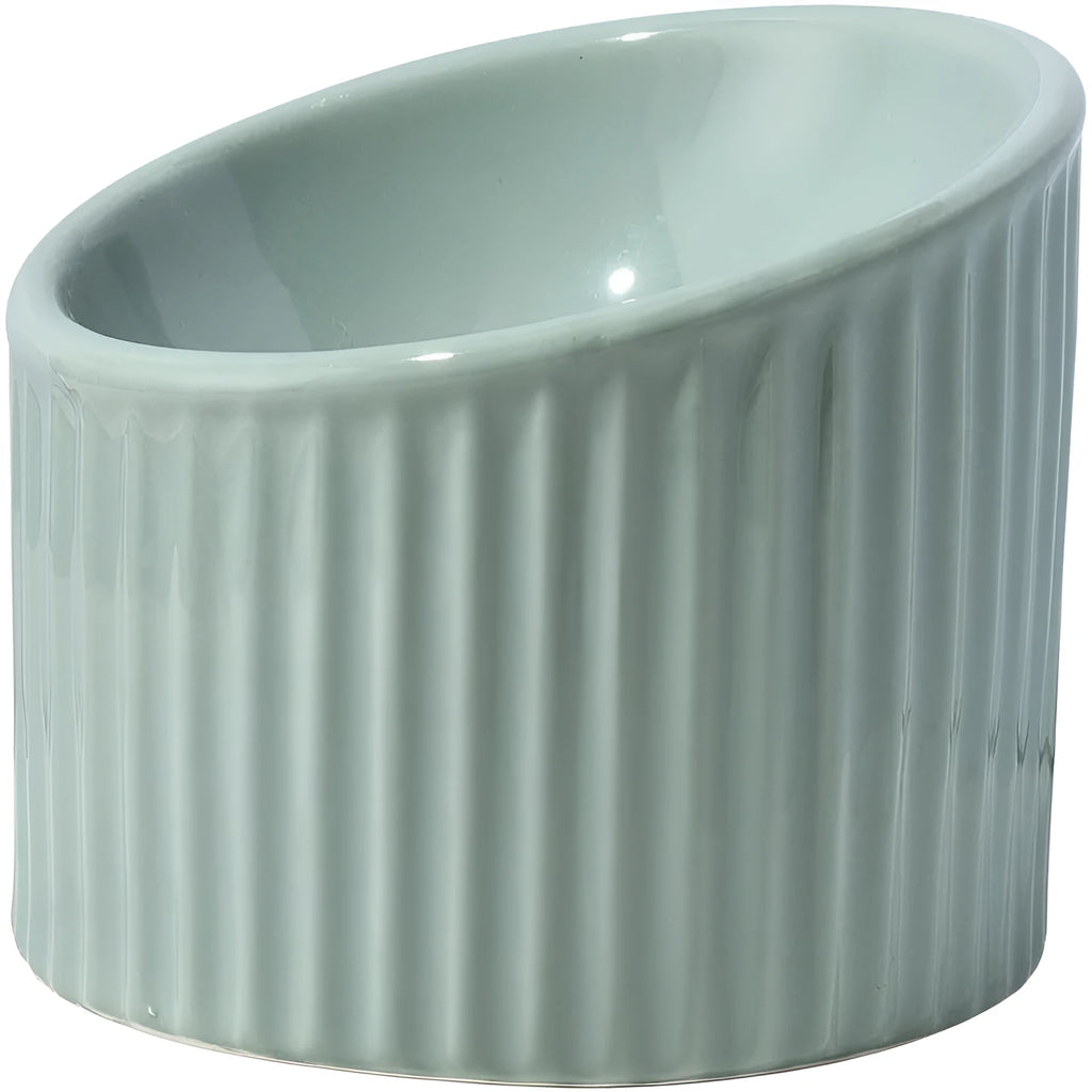 Ceramic elevated cat bowl in green colour showing tilted design for whisker comfort