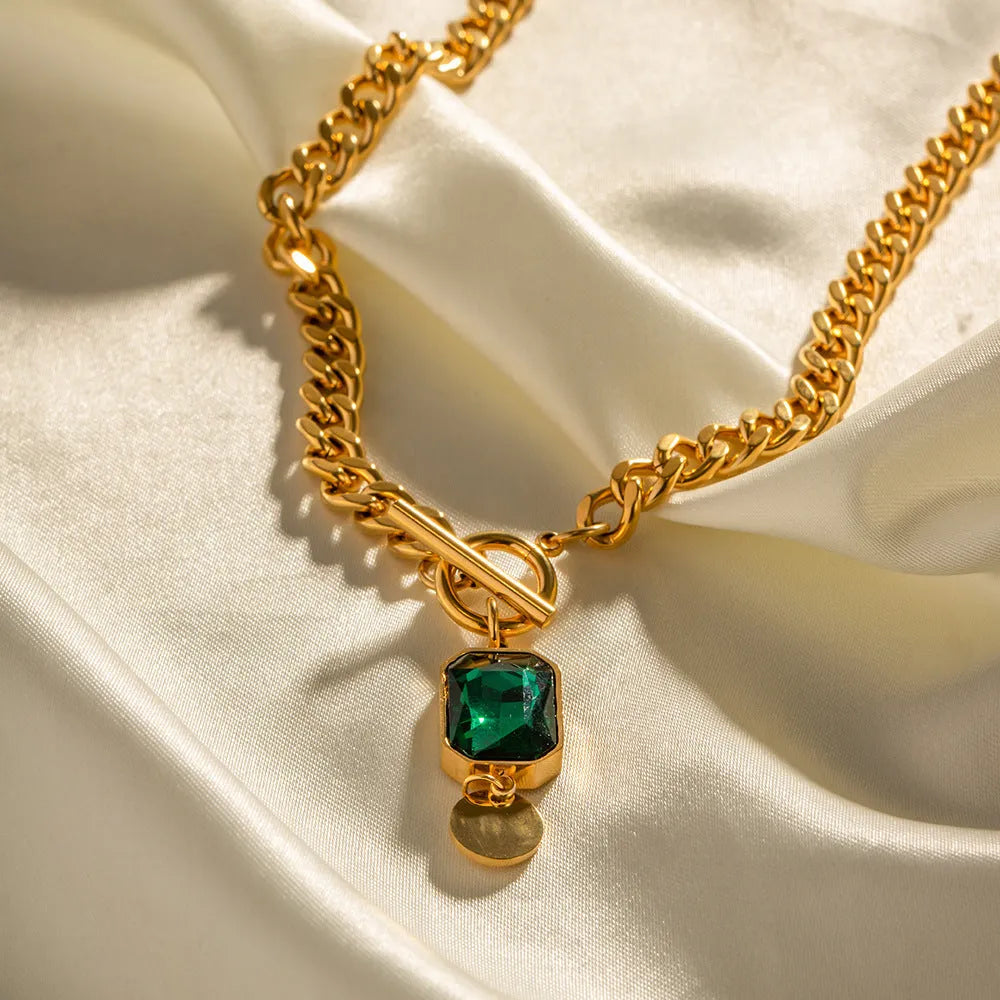 Gold geometric emerald zircon pendant necklace with titanium steel Cuban link chain