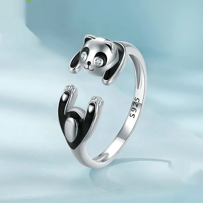 Cute panda sterling silver ring with white gold plating and adjustable opening