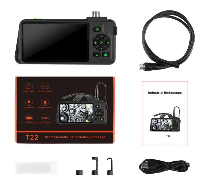 Handheld industrial endoscope with 4.5-inch screen and 1-metre black inspection cable with camera probe.