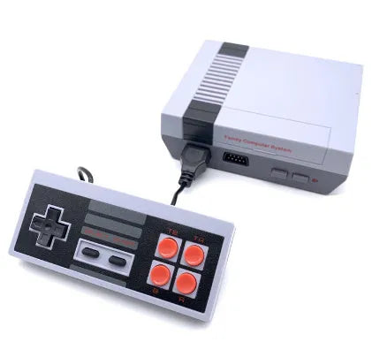 NES 8-bit retro gaming console with two controllers, AV cable, and power supply on dark surface