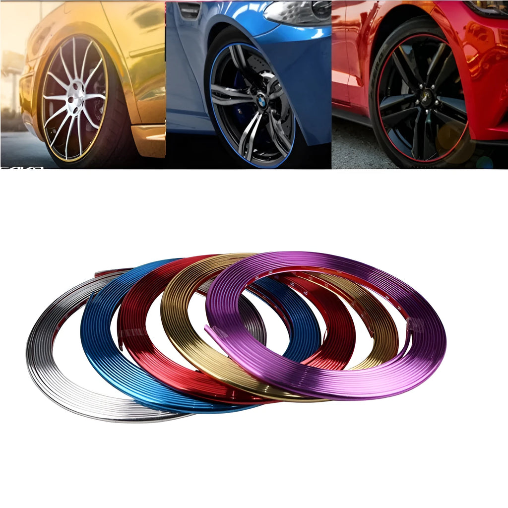 Electroplated purple PVC wheel protection trim strip on car alloy wheel
