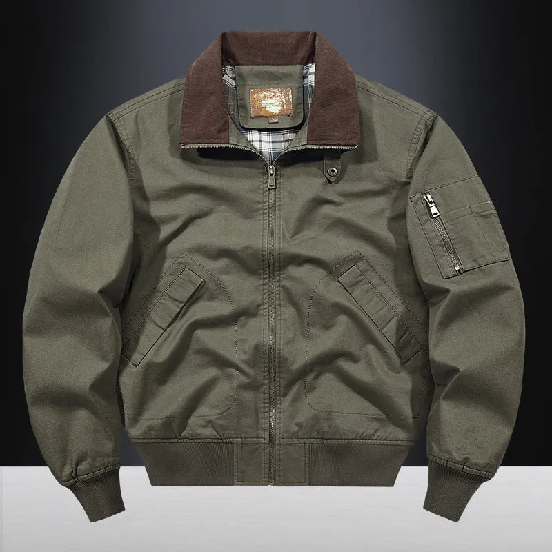 Men's plus size washed cotton flight jacket in camel colour on a hanger.