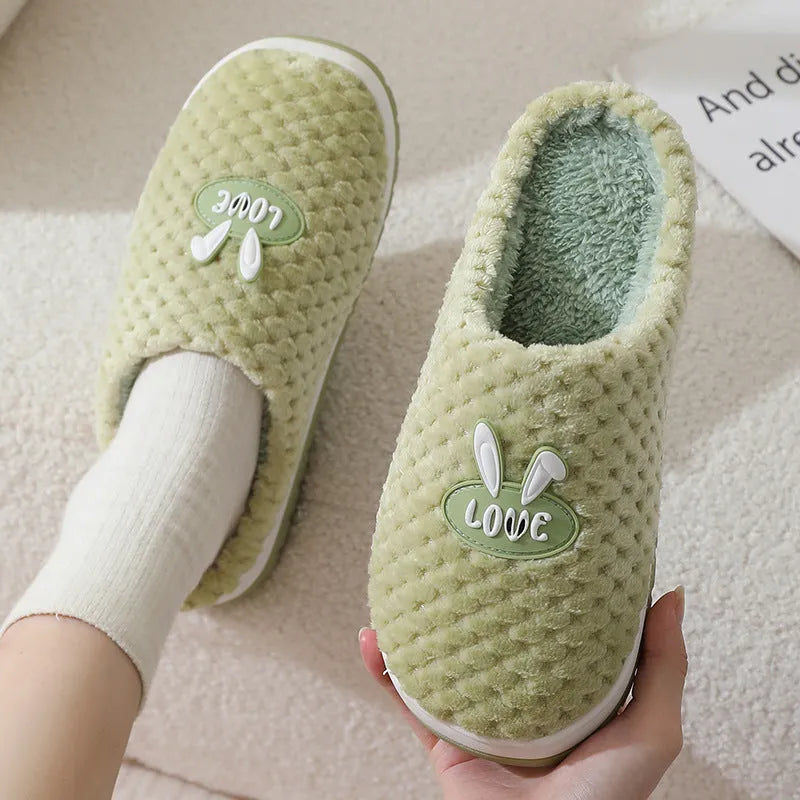 Women's rabbit plaid design artificial fur house slippers with thick non-slip rubber sole