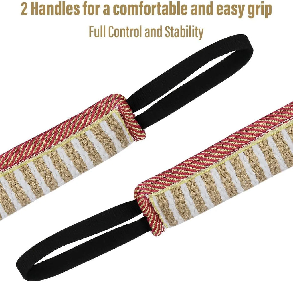 Beige jute dog tug toy with two fabric handles on a wooden floor