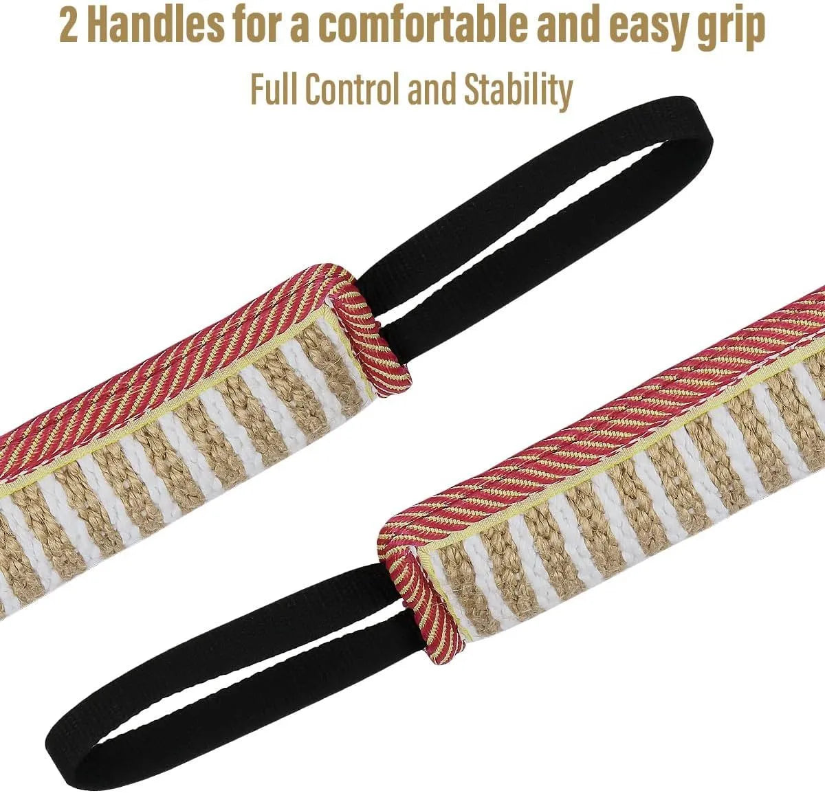 Beige jute dog tug toy with two fabric handles on a wooden floor