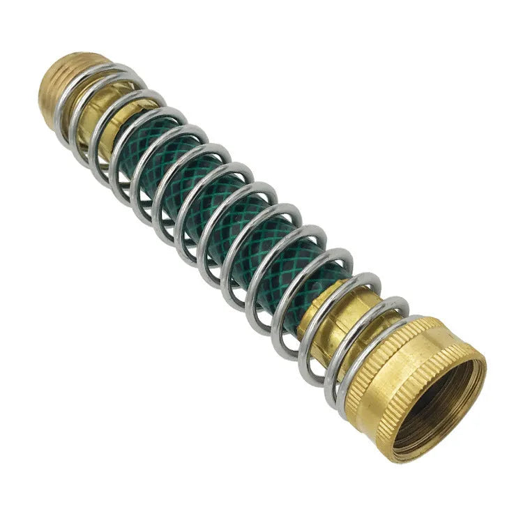 Brass garden hose sprinkler connector with a coiled metal spring section