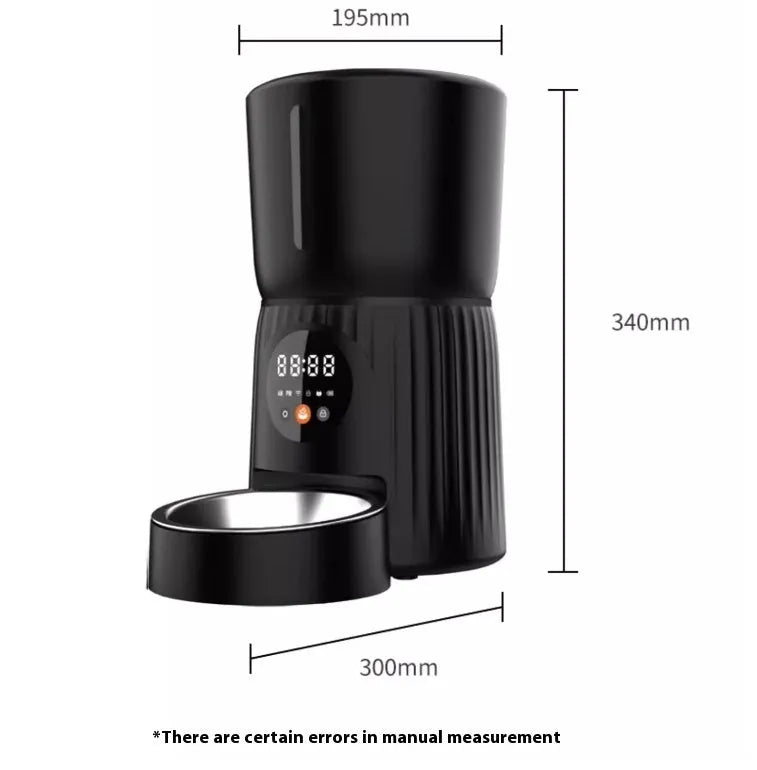 Black intelligent pet feeder with digital display showing feeding schedule
