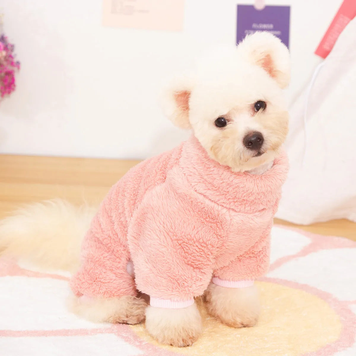 Double-sided thick plush dog clothing with high collar and towing ring in khaki colour