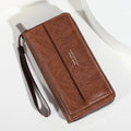 Men's black PU leather long wallet with multiple card slots, shown next to a brown version.