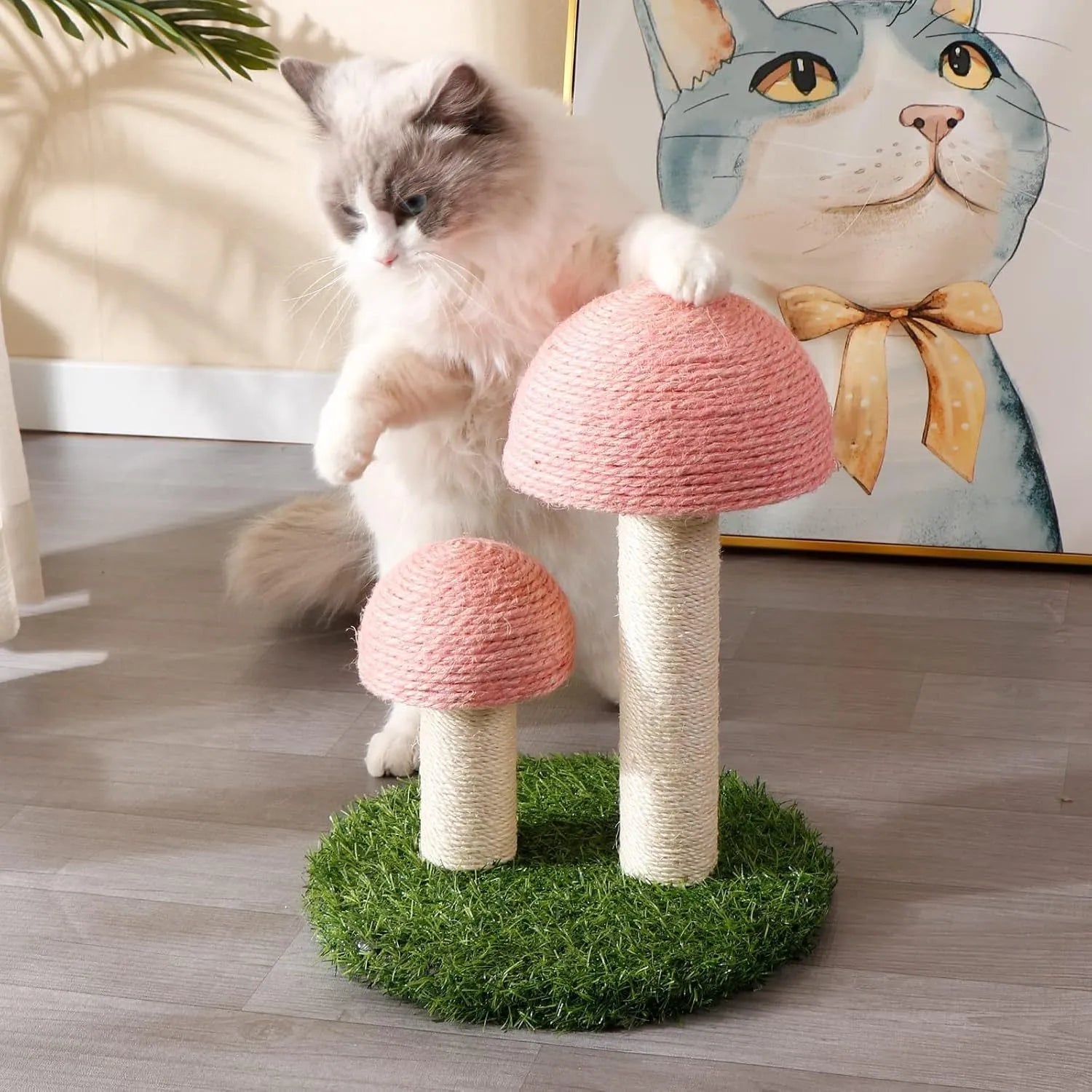 Pink mushroom-shaped cat scratching post with natural sisal scratching surfaces