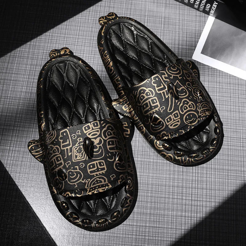 Shark design open-toe EVA home slippers in beige colour on a white background.