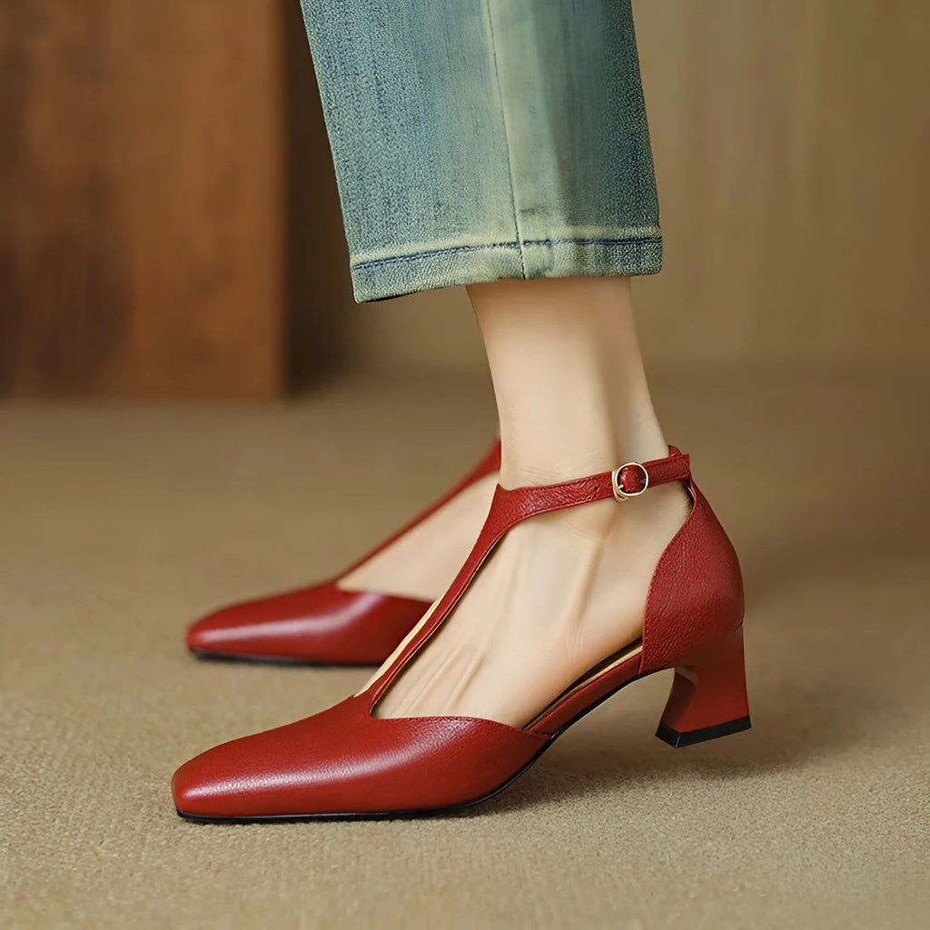 Women's wine red square-toe heels with chunky block heel and buckle fastening