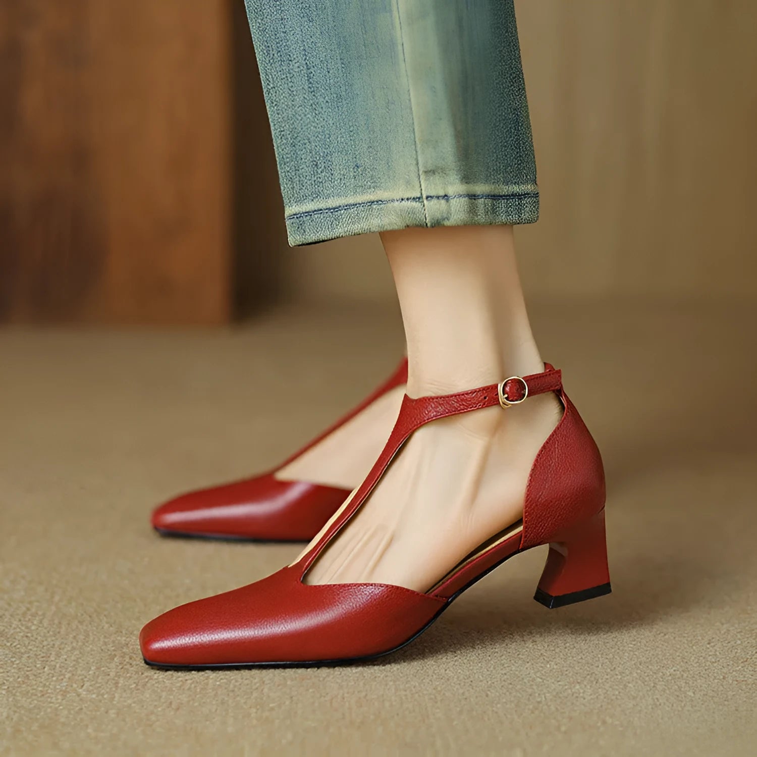 Women's wine red square-toe heels with chunky block heel and buckle fastening
