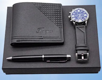 Creative holiday gift set with wallet, pen, and watch in black or brown modern simplicity styling