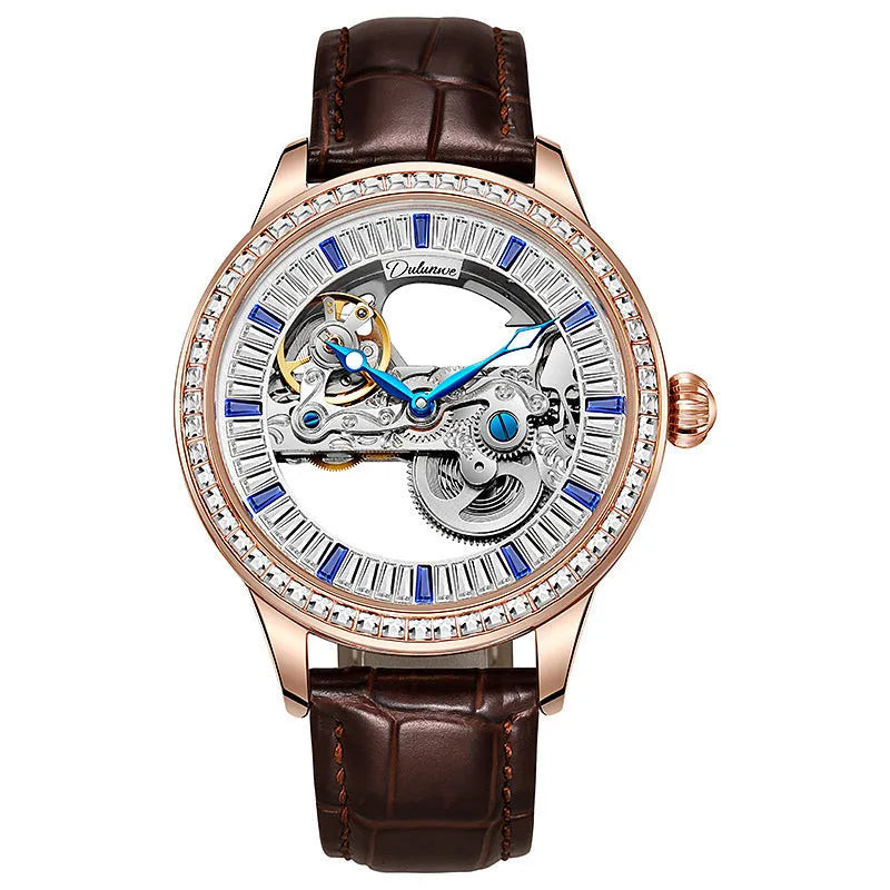 Men's luxury zircon mechanical watch on leather strap showing onion crown and transparent case back.