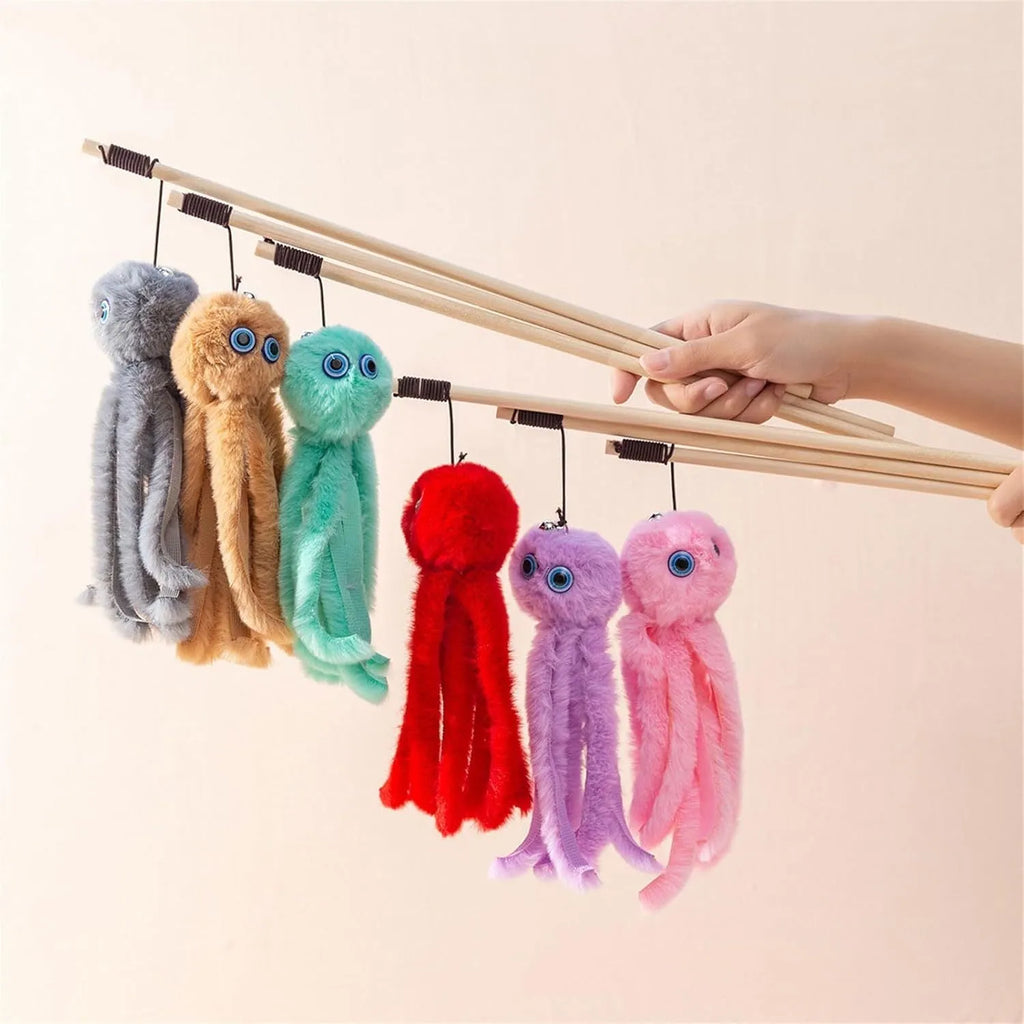 Colourful octopus cat toy on a 40cm stick with furry pom-poms and moving eyes