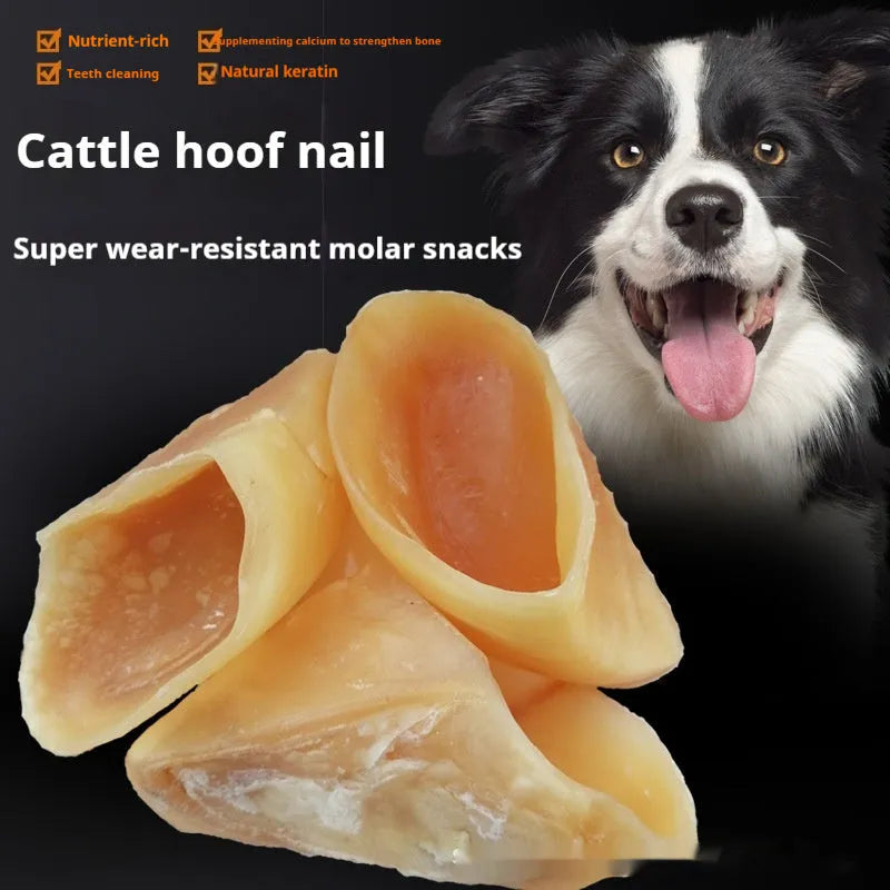 Cowhide dog dental chew in hoof shell colour, showing textured surface and two size options