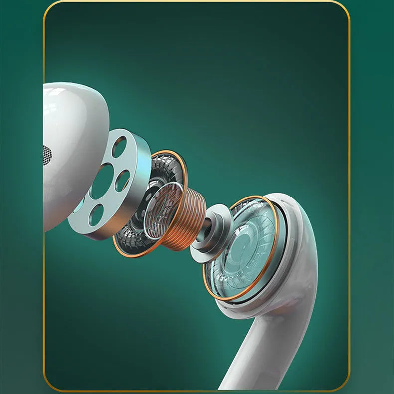 White J6 wireless Bluetooth earbuds with semi-in-ear design and charging case