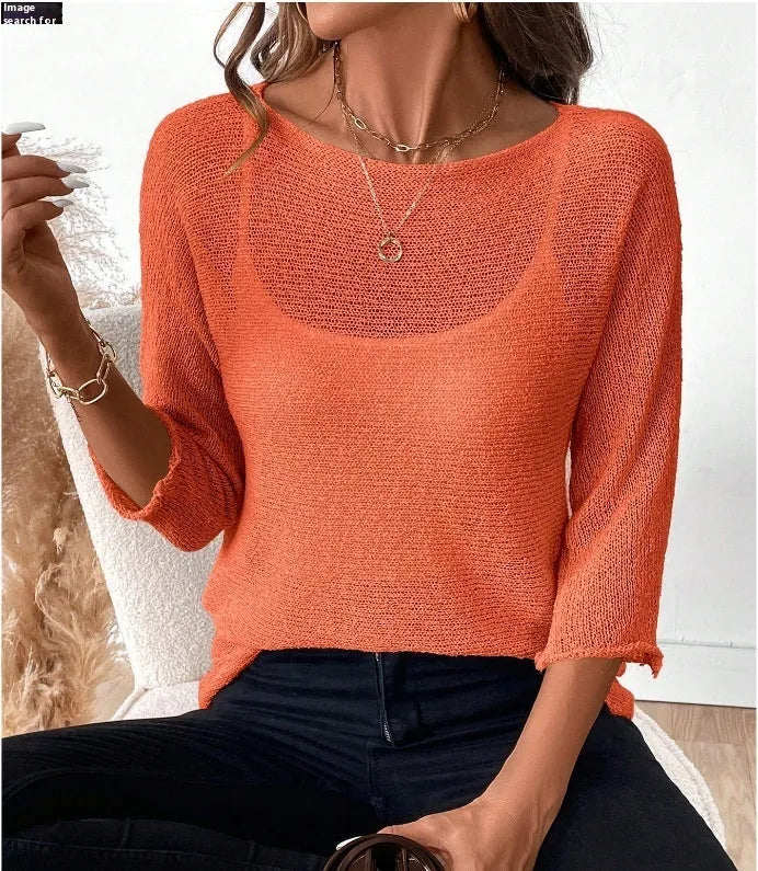 Women's thin knitted off-shoulder pullover overall in beige with 3/4 sleeves and a 3D pattern.