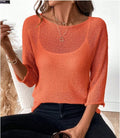 Women's thin knitted off-shoulder pullover overall in beige with 3/4 sleeves and a 3D pattern.