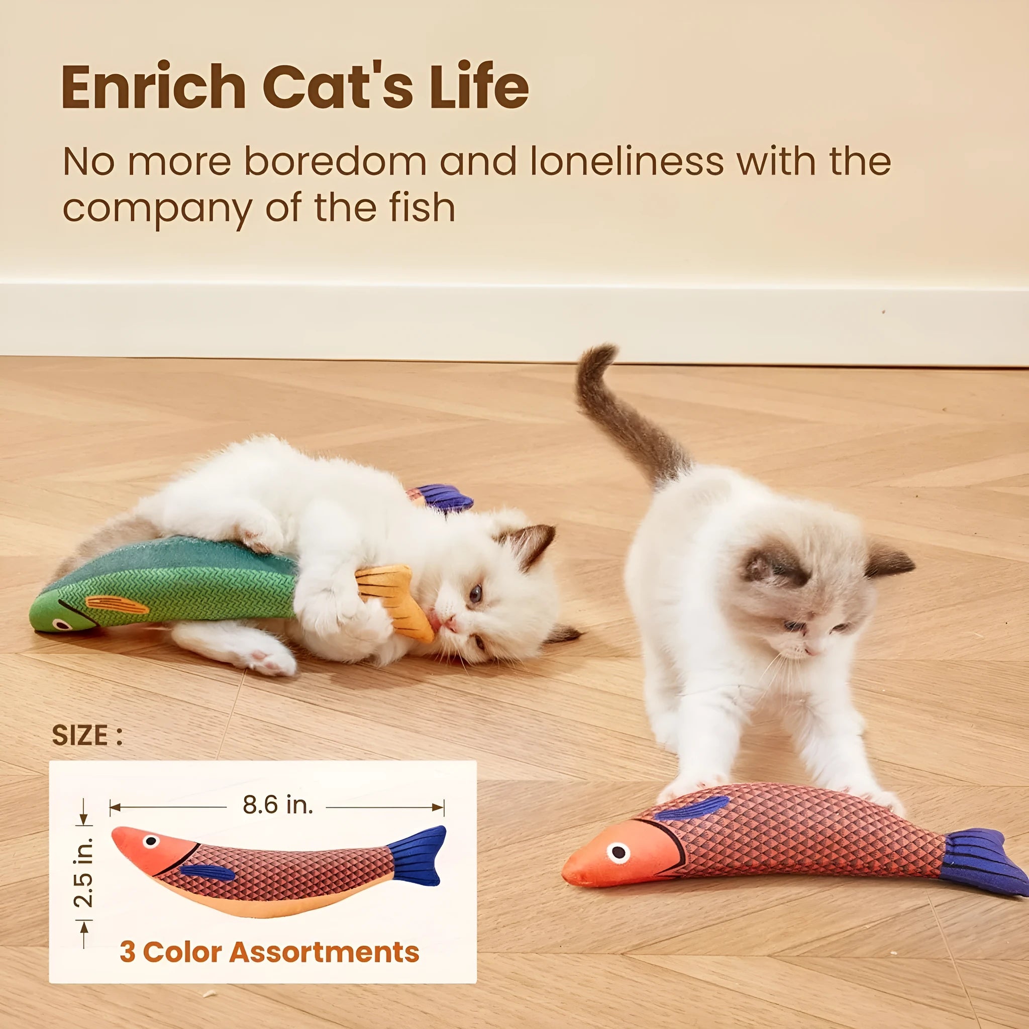 Soft plush saury fish cat kicker toy with organic catnip filling in green, orange, or yellow colours