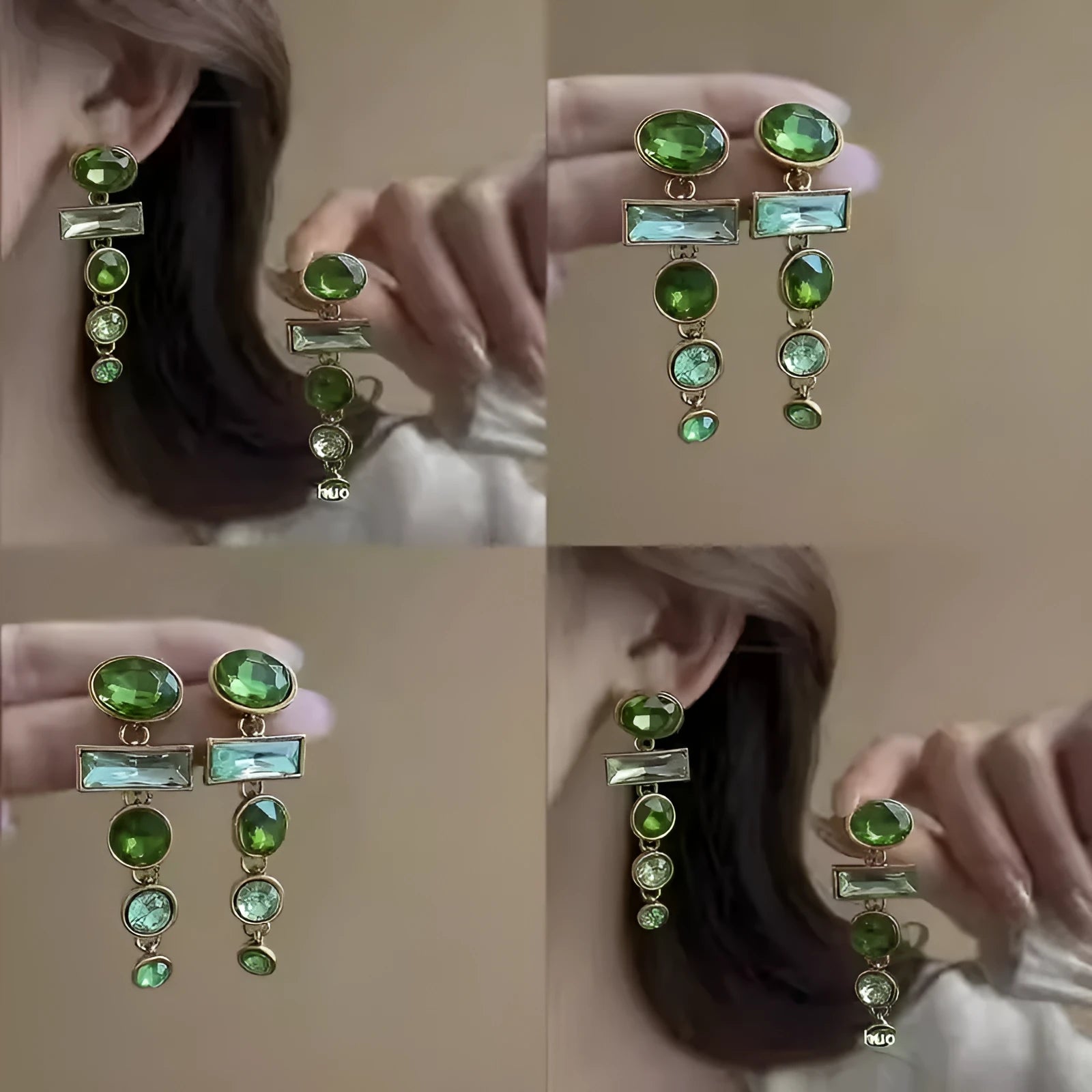 A pair of green gradient geometric alloy earrings with tassels and a zircon stone, shown on a white background.