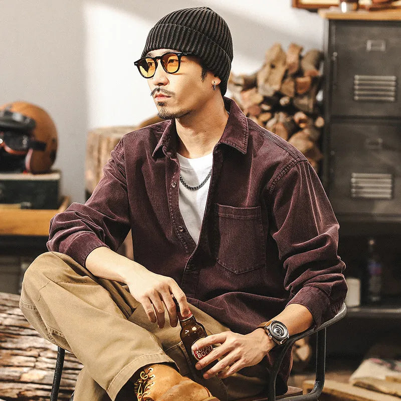 Men's retro corduroy shirt jacket in loose fit available in red or black colours